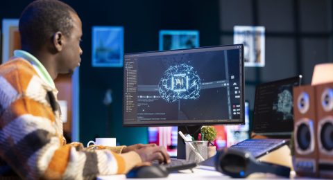 African american IT professional managing AI system for machine learning